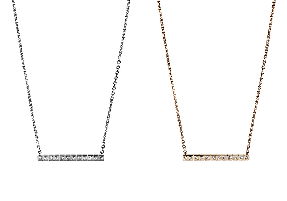 Chopard Ice Cube系列18K 白金鑲鑽項鍊、18K 玫瑰金鑲鑽項鍊。 