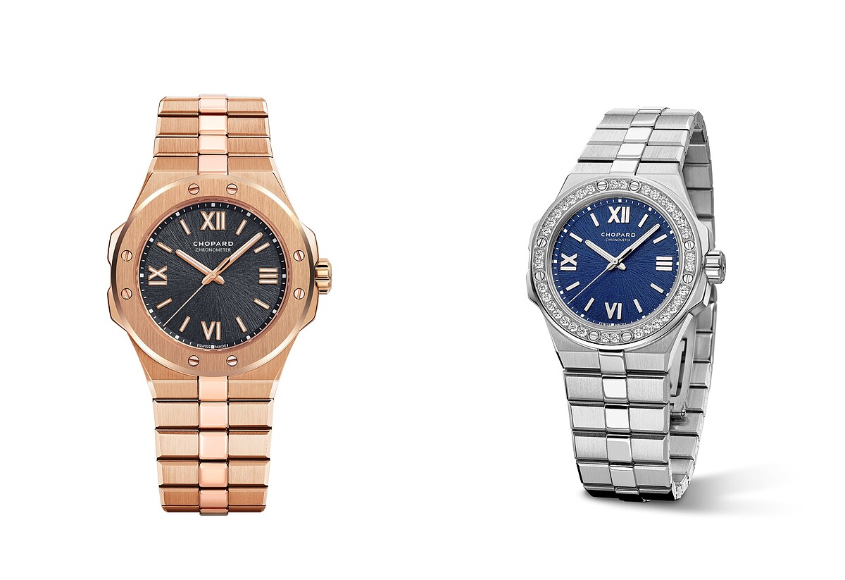 (左) Alpine Eagle Small 系列 18K 玫瑰金腕錶，直徑 36毫米。 (右) Alpine Eagle 系列精鋼腕錶，直徑 33 毫米，配以鑲鑽錶圈。 