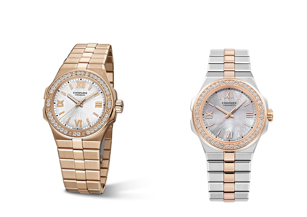 (左) Alpine Eagle 系列 18K 玫瑰金腕錶，直徑 33 毫米，配以鑲鑽錶圈。 (右) Alpine Eagle 系列精鋼與玫瑰金腕錶，直徑 36 毫米，結合珍珠母貝面盤。