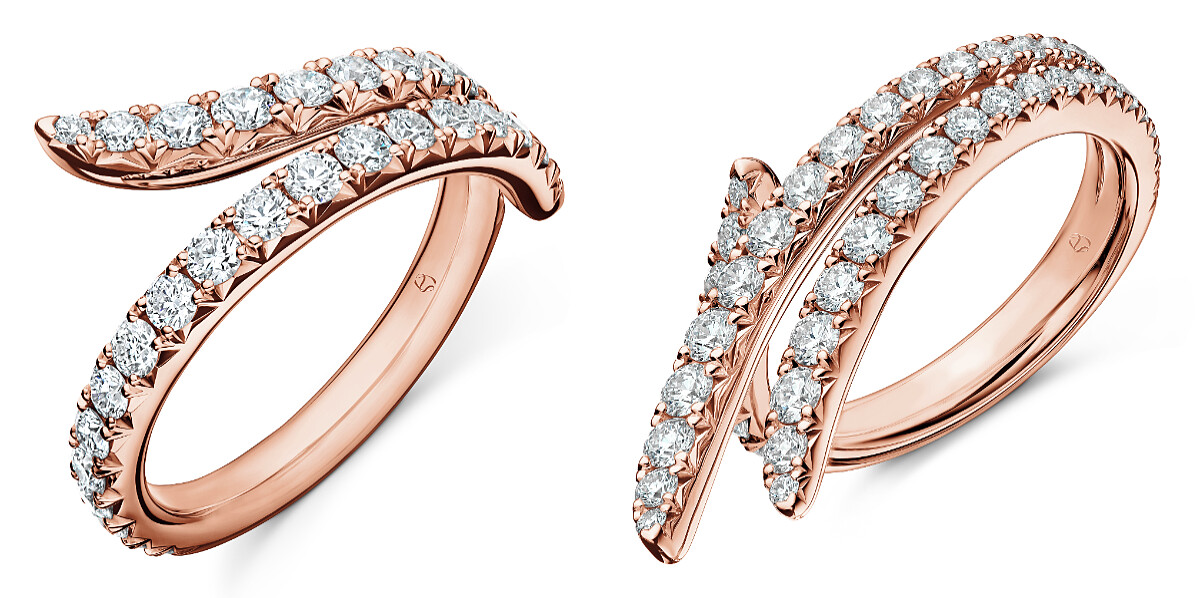 (左) HEARTS ON FIRE Vela 玫瑰金法式鑲嵌鑽石戒指、(右) HEARTS ON FIRE Vela 玫瑰金法式鑲嵌鑽石戒指。