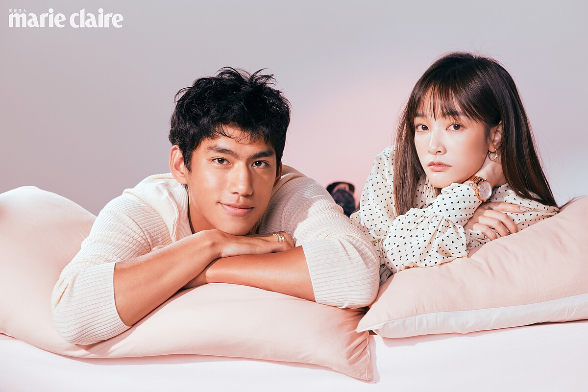 朱軒洋／象牙色圓領針織衫、水鑽刺繡牛仔長褲，both by Gucci；Quatre 系列寬版戒指，Boucheron。王淨／波卡圓點綁帶澎袖襯衫，Balmain；Quatre系列耳環，Boucheron；Seiko Lukia 玫瑰金腕錶，Seiko。