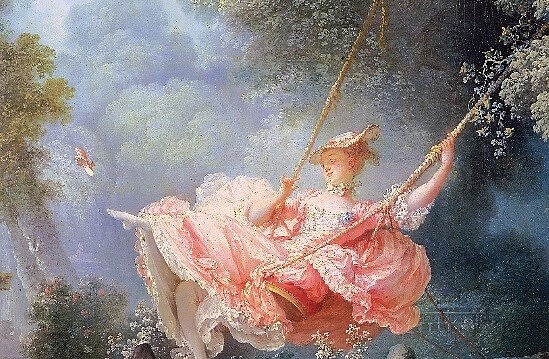 洛可可的作品以柔和的粉彩調為特徵。鞦韆擺盪在襯著淺綠色樹葉的漩渦中，穿著淡粉紅色連衣裙的女人在鞦韆上，這樣的畫面配置與色彩對比，引導出誘人的情慾。