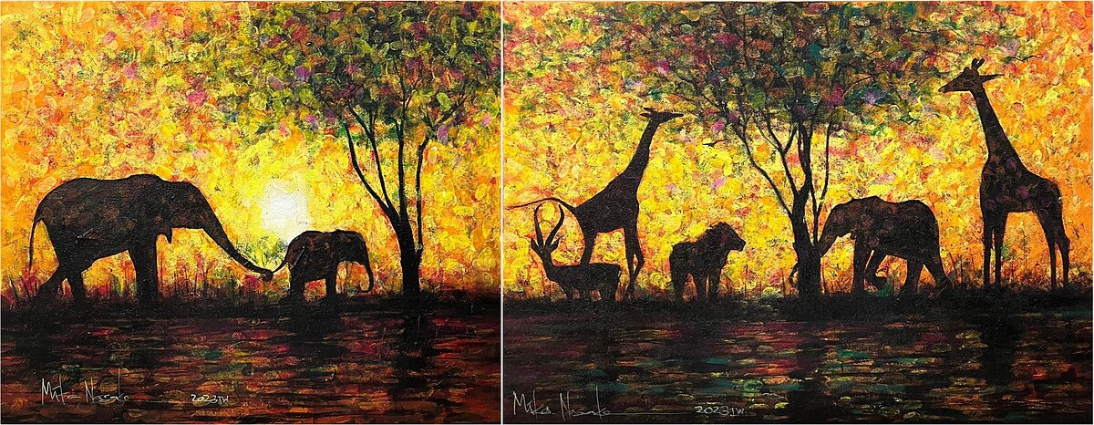 99度藝術中心_Mika Nasake尚米卡_左:相親相愛的親子樂 右:大家一起和平共處_壓克力畫布_145x60.5cm_2023