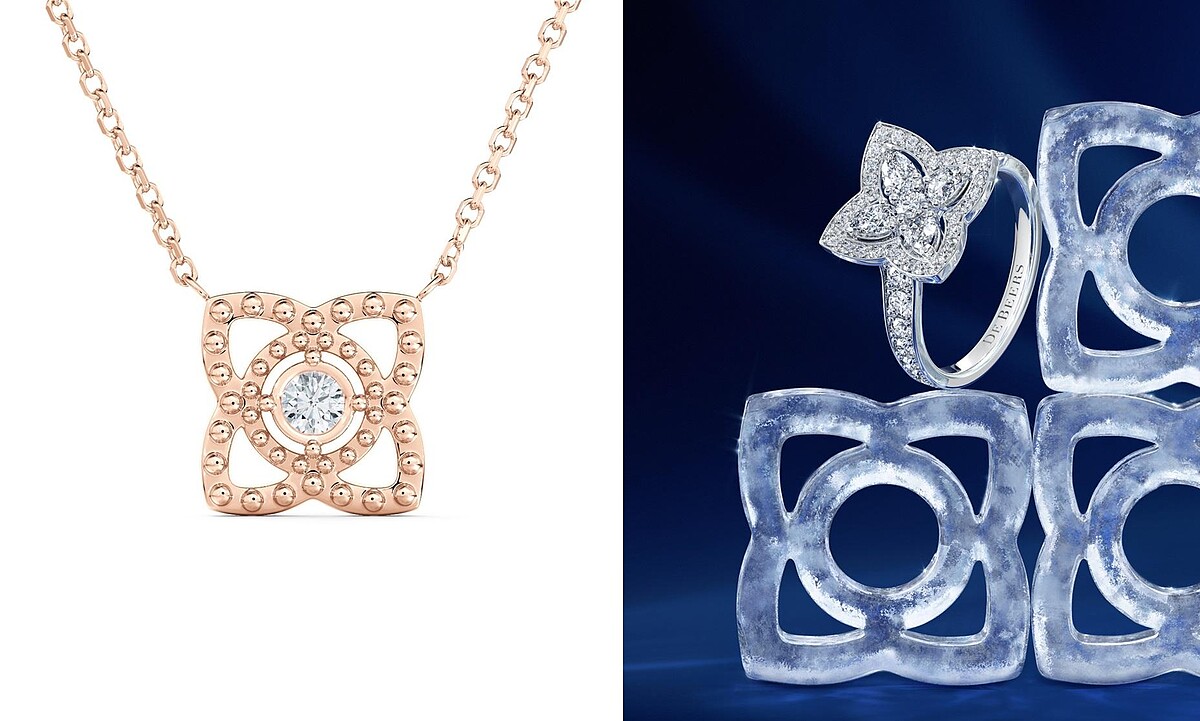 （左圖）Enchanted Lotus 18K玫瑰金圓珠飾邊吊墜項鍊，中央約0.03克拉圓形明亮式鑽石，不到5萬元就能入手，官網獨家販售，NT$ 44,000；（右圖）Enchanted Lotus 18K白金鑽石戒指，鑽石總重約1.09克拉，NT$ 284,000。