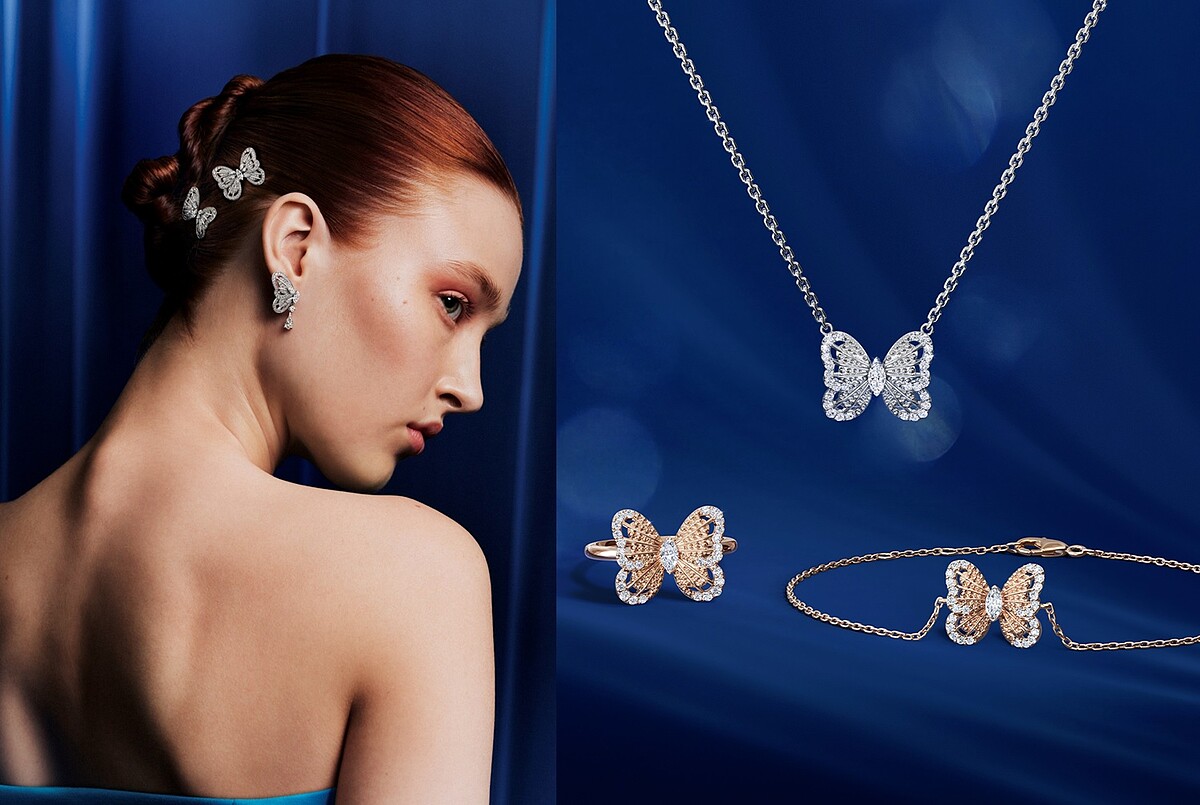 Portraits of Nature系列butterfly 作品設計靈動且寓意美好。（右圖）Portraits of Nature 系列 butterfly 18K白金鑽石吊墜項鍊，NT$ 99,000、butterfly 18K玫瑰金鑽石戒指，NT$ 83,000、butterfly 18K玫瑰金鑽石手鍊，NT$ 71,000、