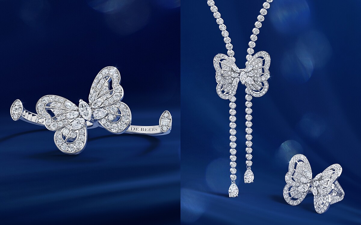 （左圖）Portraits of Nature系列butterfly 18K白金鑽石指間戒，NT$ 540,000；（右圖）Portraits of Nature系列butterfly高級珠寶鑽石項鍊及戒指，價格店洽。
