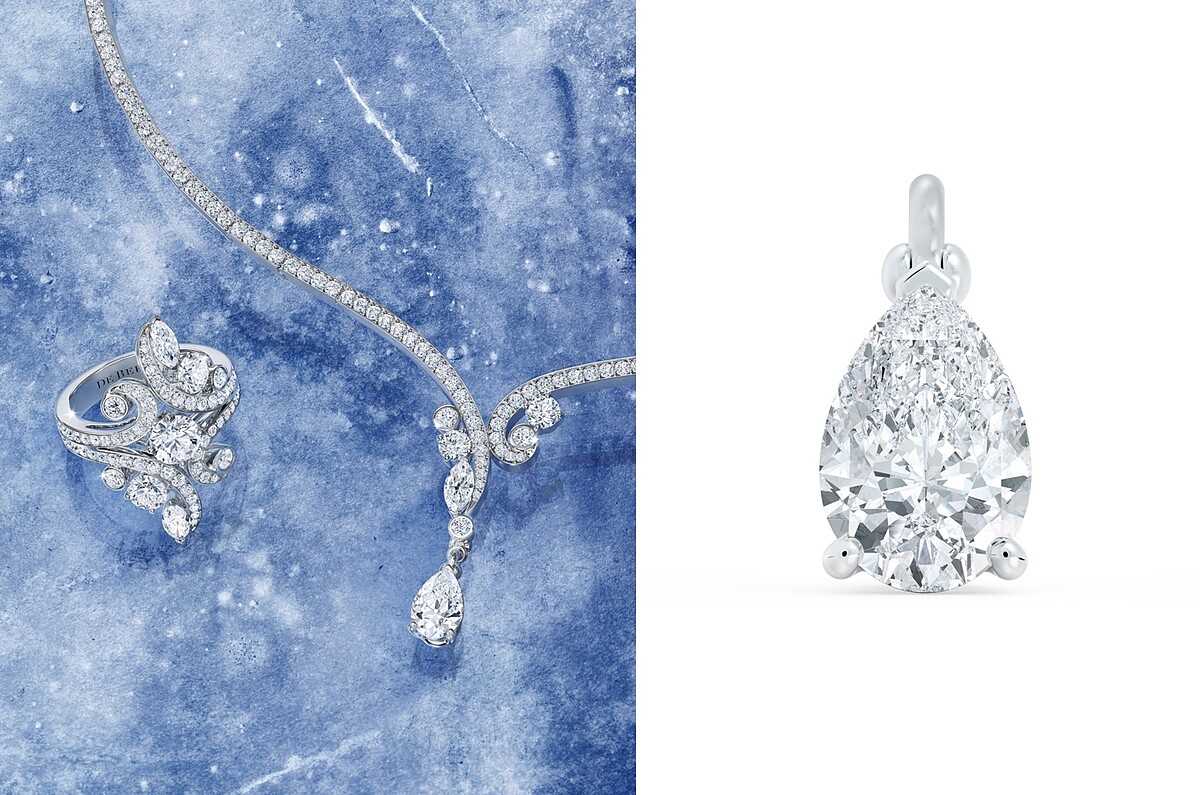 （左圖）11月最新上市的Adonis Rose 18K白金鑽石戒指與鑽石項鍊，價格店洽；（右圖）Adonis Rose 18K白金鑽石項鍊，可視場合需要另外添購一枚可拆卸的梨形鑽石吊墜，0.70克拉起，價格店洽。