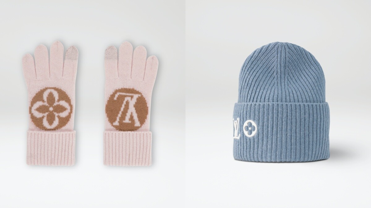 LV MEDAILLON GLOVES PINK 手套 NT16,800、LV HEADLINE BEANIE BLUE 帽子 NT16,400