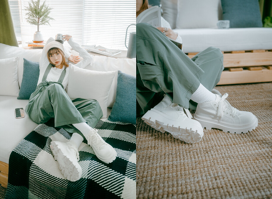 ALPINA CHUNKY短靴(獨賣款)／NT2,480；浮凸緹花開衩上衣／米色／NT2,100；2WAY吊帶褲／卡其綠／NT2,450；針織豆豆帽／膚色／NT1,390。