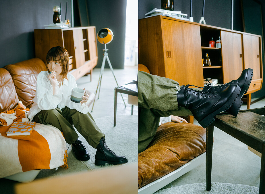 8-LACE UP 4.5黑色繫帶靴／NT2180；滾邊緹花襯衫／米色／NT2,630；繞頸綁帶設計坦克背心／米色／NT1,440；復古感工作褲／卡其綠／NT2,980。