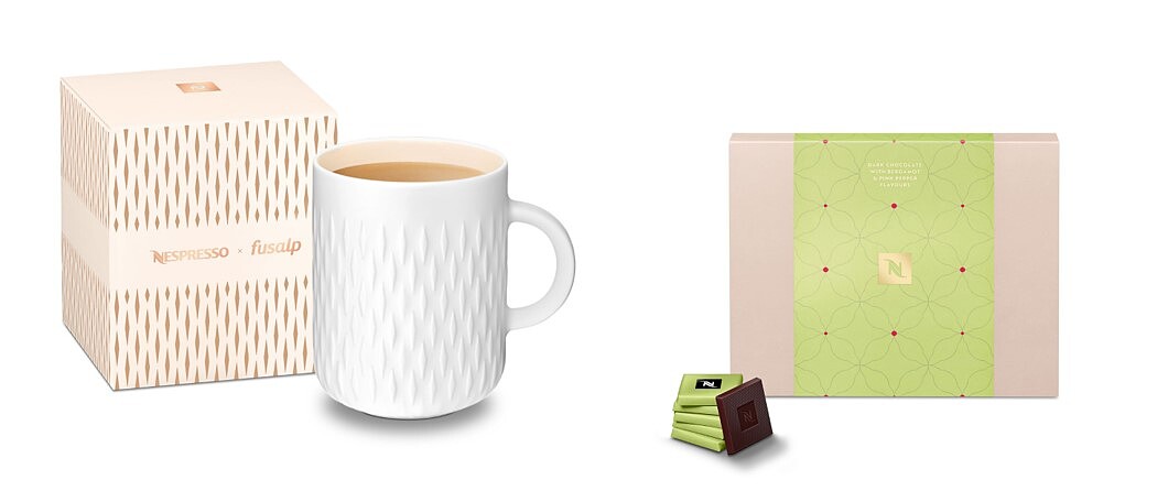 左 : 時尚美感精選！Nespresso與Fusalp推出聯名節慶限量款咖啡馬克杯，右 : 限量版Nespresso 香檸檬與粉紅胡椒風味巧克力