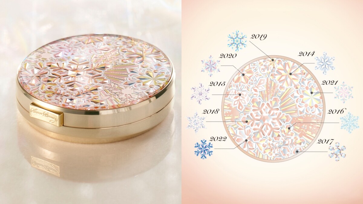 資生堂MAQuillAGE心機彩粧Snow Beauty雪花香氛魔法盒2023年的外盒集結過去9年的雪花圖案。