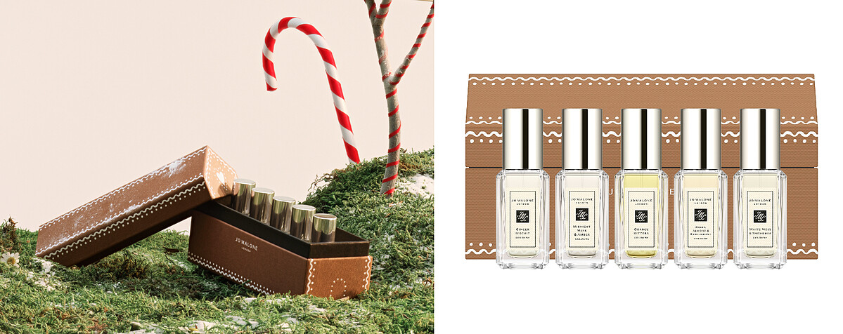 童話薑餅聖誕限量香水組NT$4,200 內含：薑餅香水、白苔與雪花蓮香水、苦橙香水、綠杏仁與紅醋栗香水、午夜麝香與琥珀香水