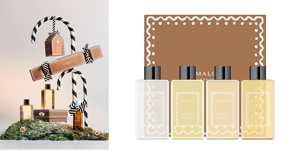 童話薑餅聖誕明星潔淨香氛禮盒 NT4,600 內含：牡丹與嫣紅麂絨、青檸羅勒與柑橘、英國梨與小蒼蘭、鼠尾草與海鹽潔膚露
