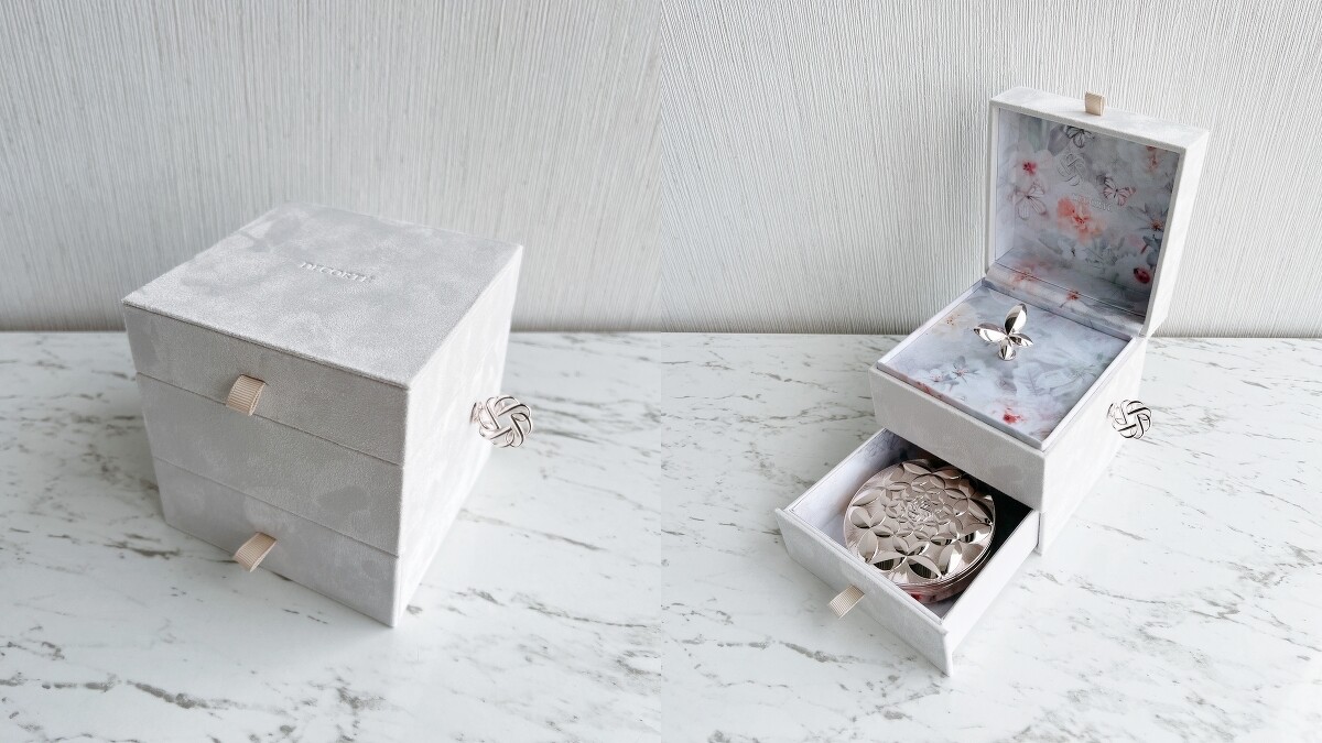 黛珂永恆祈願蜜粉(花漾舞蝶)今年的外盒特別設計成音樂盒，下層有抽屜可收納蜜粉。