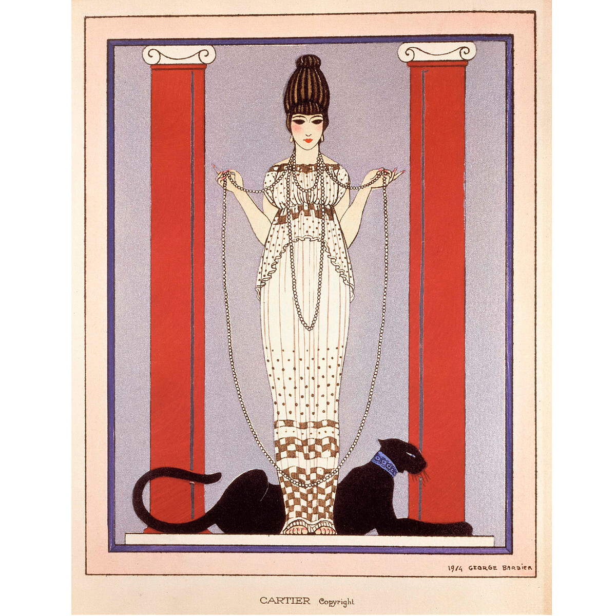 1914年，路易卡地亞委託插畫家喬治&middot;巴比耶為卡地亞展覽會製邀請卡「淑女與獵豹」。