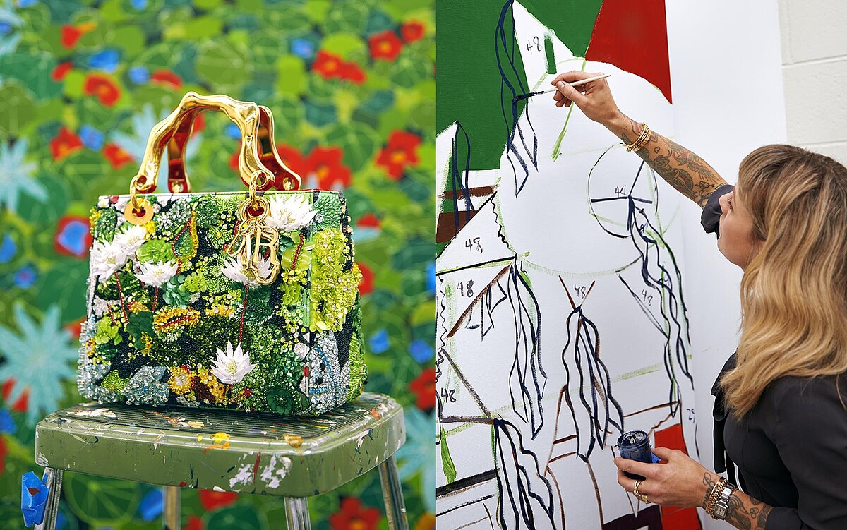 Dior Lady Art Hilary Pecis 中型提包，皮革包身以刺繡工藝綴飾水晶、亮片與珠飾 ，宛若一座迷你公園。&copy;Harry Eelman。