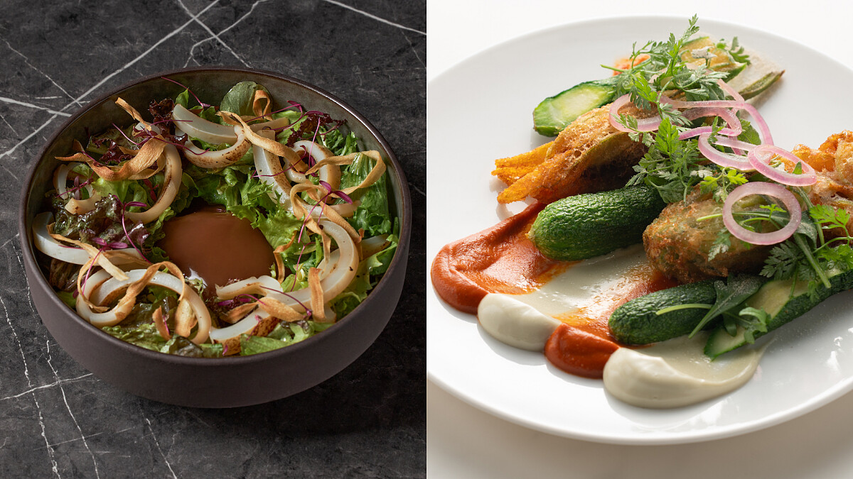 溏心蛋沙拉、酥炸櫛瓜花