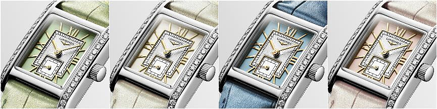 LONGINES浪琴表MINI DOLCEVITA迷你多情系列羅馬鏤雕鍍金面盤搭配鱷魚皮革錶帶鑲鑽腕錶(左至右：高級薄荷綠、高級象牙白、高級寧靜藍、高級淡雅粉)，建議售價各NT122,300。