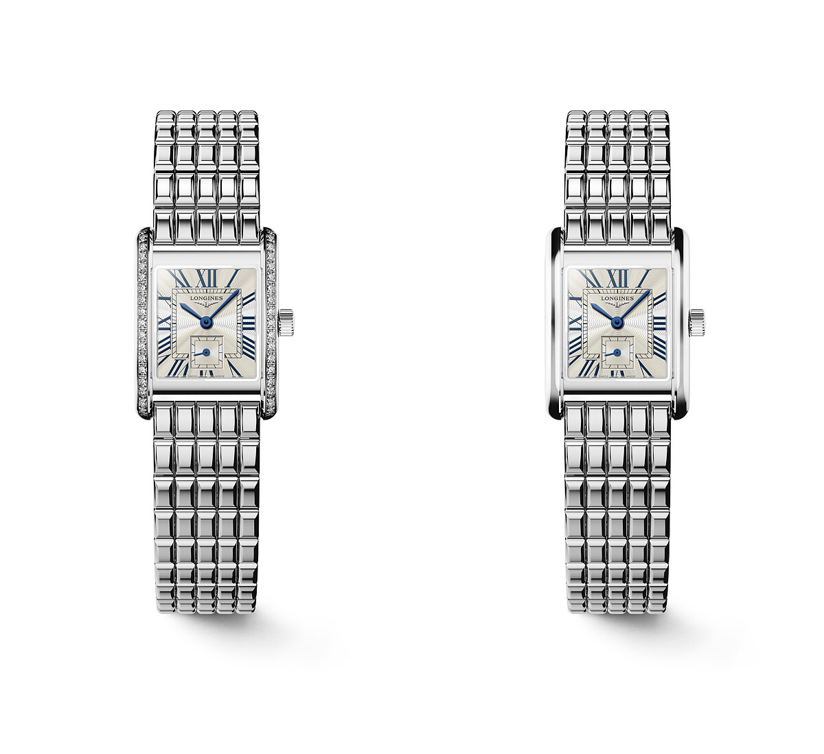 LONGINES浪琴表MINI DOLCEVITA迷你多情系列羅馬flinqu&eacute;飾紋面盤搭配不鏽鋼鑲鑽腕錶，建議售價：NT131,300、羅馬「flinqu&eacute;」飾紋面盤搭配不鏽鋼鏈帶腕錶，建議售價：NT62,900。