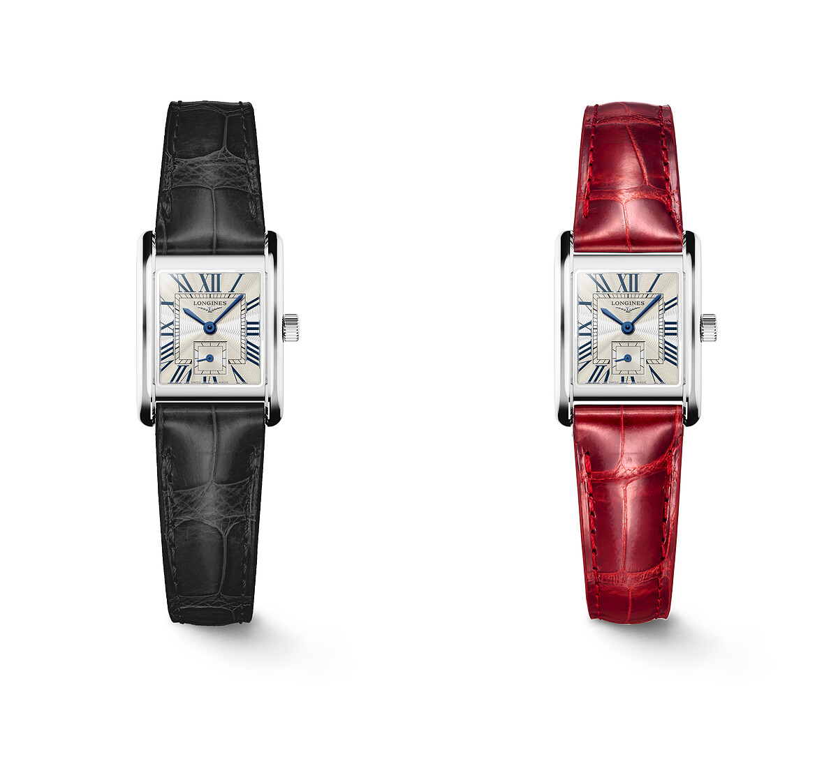 LONGINES浪琴表MINI DOLCEVITA迷你多情系列羅馬flinqu&eacute;飾紋面盤搭配黑色鱷魚皮革錶帶腕錶、羅馬flinqu&eacute;飾紋面盤搭配紅色鱷魚皮革錶帶腕錶，建議售價：NT$53,400。