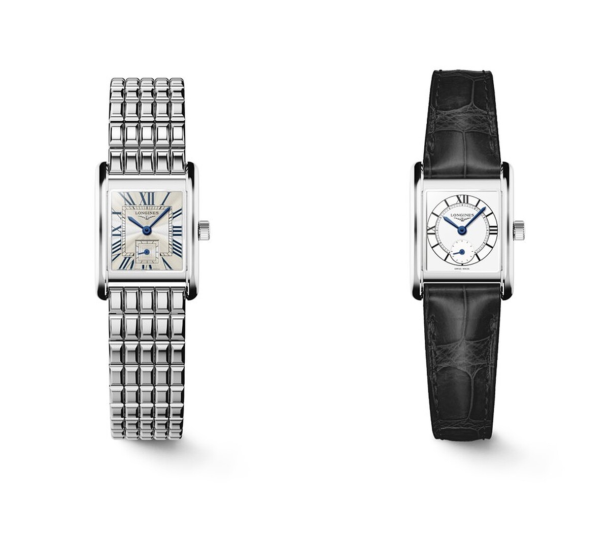 LONGINES浪琴表MINI DOLCEVITA迷你多情系列：Cosmo面盤搭配不鏽鋼鏈帶腕錶，NT62,900、Cosmo面盤搭配黑色鱷魚皮革錶帶腕錶，NT53,400。