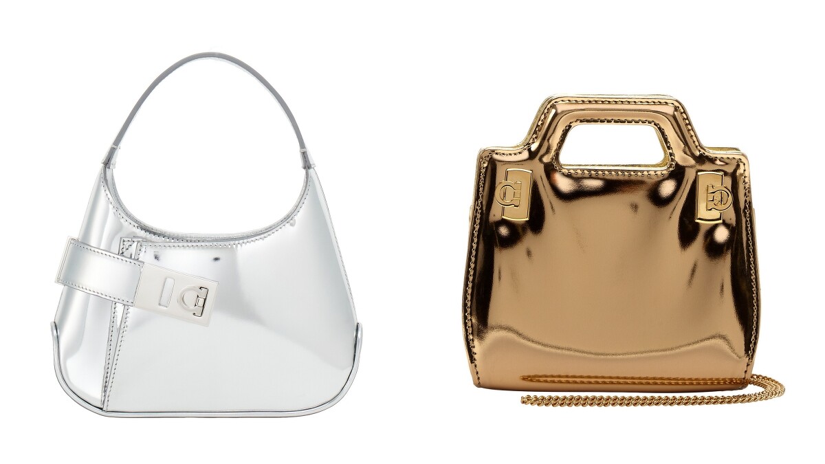 銀色皮革SHOUDLER ARCHIVE手提包 NT.64,900、金色鏡面超迷你WANDA手提包 價格店洽