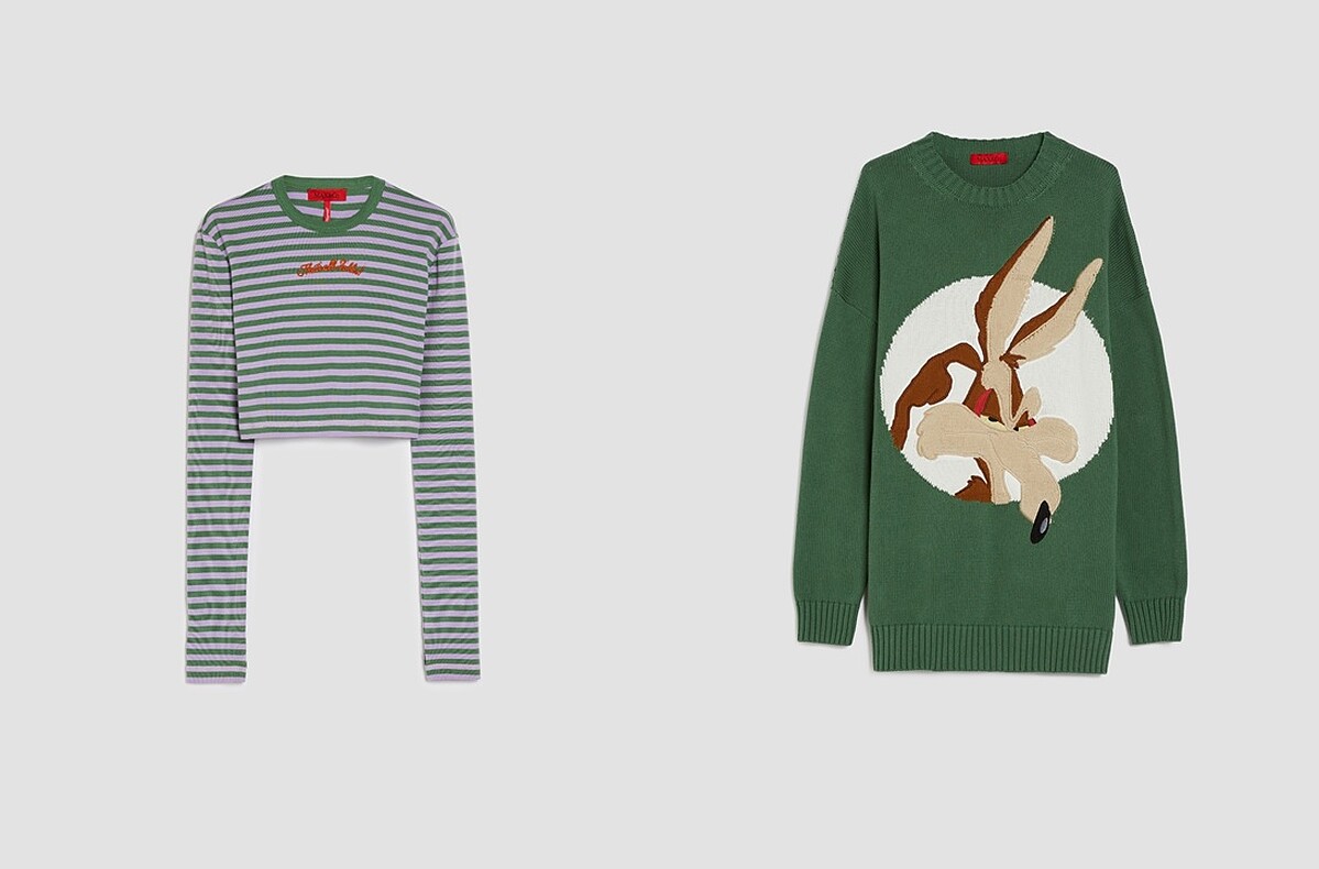 MAX&Co. 短版條紋袖套式 T-shirt NT $5,600、MAX&Co. 寬版 Oversize 針織衫 (仙人掌綠) NT$14,700。