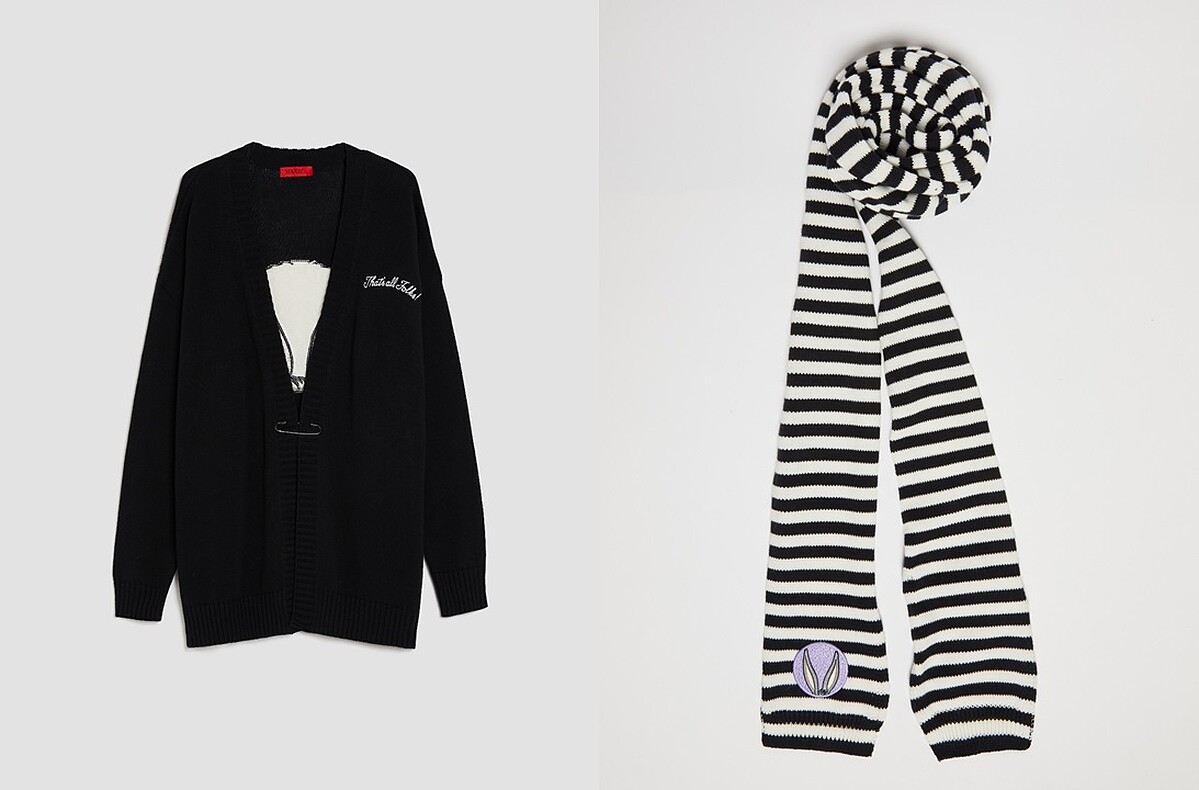 MAX&Co. 寬版 Oversize 開襟衫 NT$19,100、MAX&Co. 兔巴哥條紋圍巾 NT$5,800。