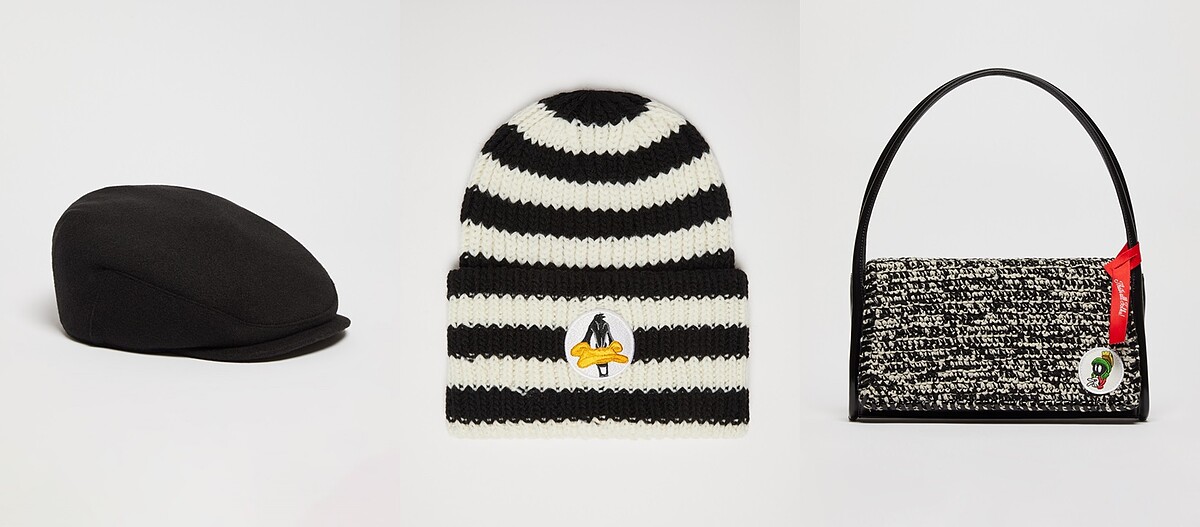 MAX&Co. 貼布繡書僮帽(兔巴哥) NT$4,900、MAX&Co. 貼布繡裝飾毛帽(達菲鴨) NT$4,300、MAX&Co. 火星人馬文肩背包 NT$10,300。
