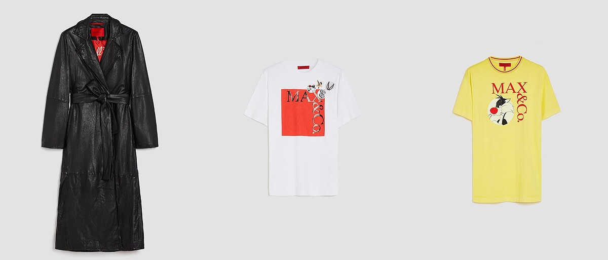 MAX&Co. 長版圍裹式皮革大衣 NT$40,900、MAX&Co. Looney Tunes 貼布繡方型 Logo Tee NT$7,000、MAX&Co. Looney Tunes 彩色方型 Logo Tee(檸檬糖果) NT$6,300。