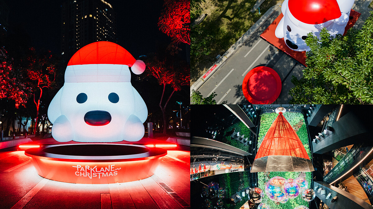 8公尺「聖誕巨狗」霸佔台中草悟道！無辜臉戴紅帽萌翻天，勤美耶誕村5大亮點一次看