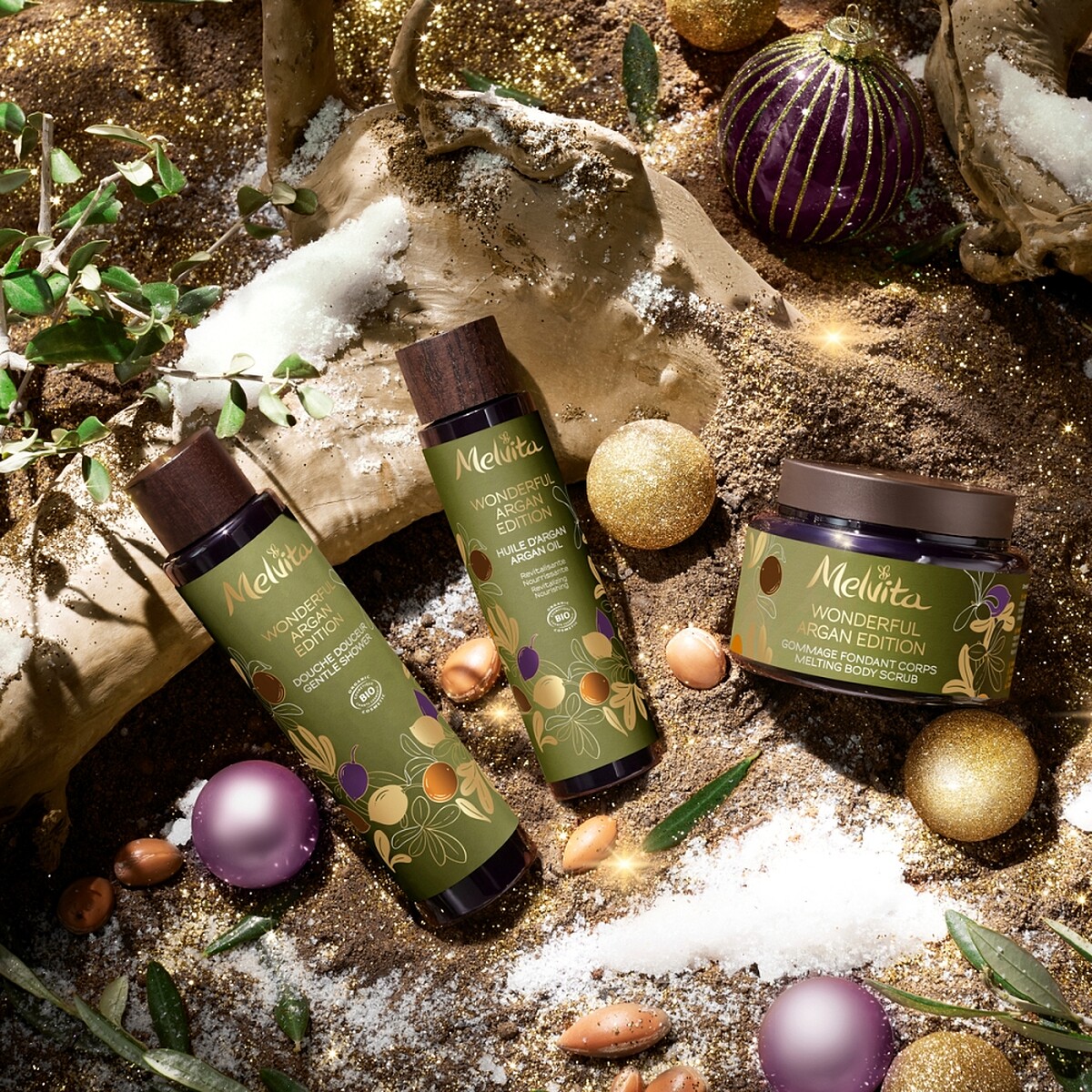 Melvita蜜葳特摩洛哥黃金堅果修護身體系列包含黃金堅果油沐浴膠、黃金堅果油潤澤去角質霜、摩洛哥堅果油100ml。