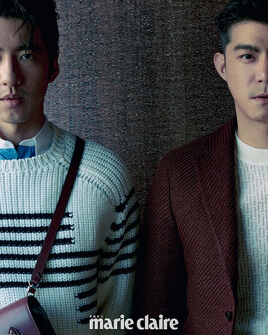 傅孟柏／青石藍條紋襯衫、白色條紋針織衫，both by Loewe；大師傑作系列信差包，Montblanc。王柏傑／深紅色西裝外套，Boss；白色套頭針織毛衣，Fendi。