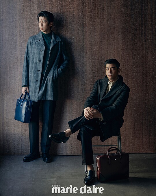 傅孟柏／格紋羊毛大衣、綠色高領毛衣、黑色西裝褲，all by Dunhill；黑色皮鞋，Boss；大師傑作系列公文包，Montblanc。王柏傑／米色真絲襯衫、灰色羊毛大衣外套，both by Fendi；黑色西裝褲、黑色皮鞋，both by Boss；大師傑作系列公文包，Montblanc。