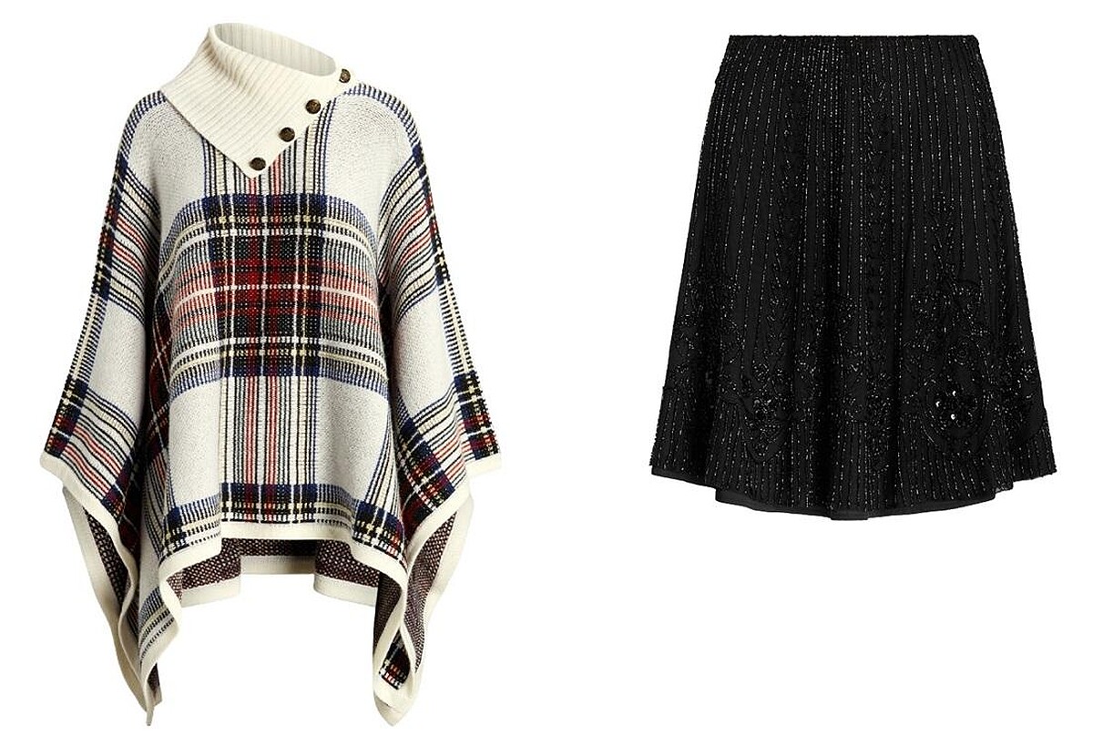 Lauren Ralph Lauren 格紋斗篷，Lauren Ralph Lauren 珠飾短裙。