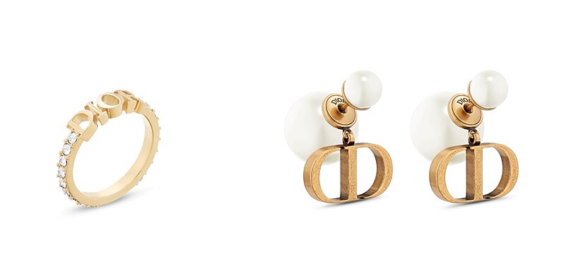 Dio(r)evolution 金色飾面水晶戒指，NT$12,500；Dior Tribales 復古金色飾面耳環NT$19,000。