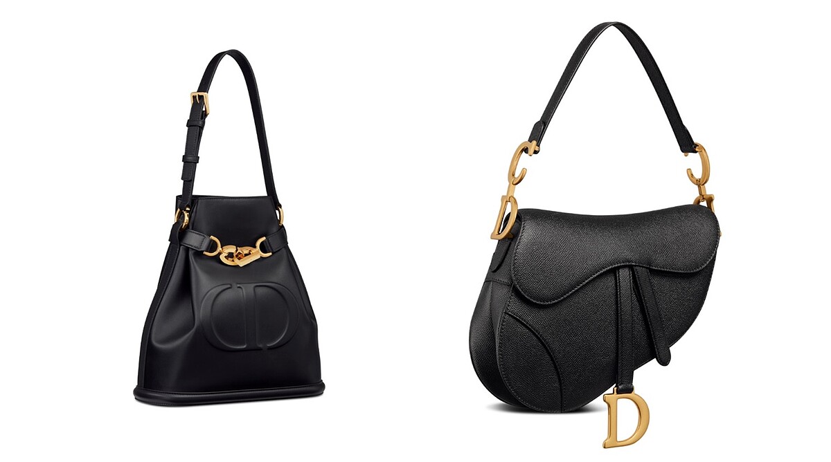 C&rsquo;est Dior黑色小牛皮肩背包，NT$120,000；Dior Saddle黑色顆粒小牛皮肩背包，NT$135,000。