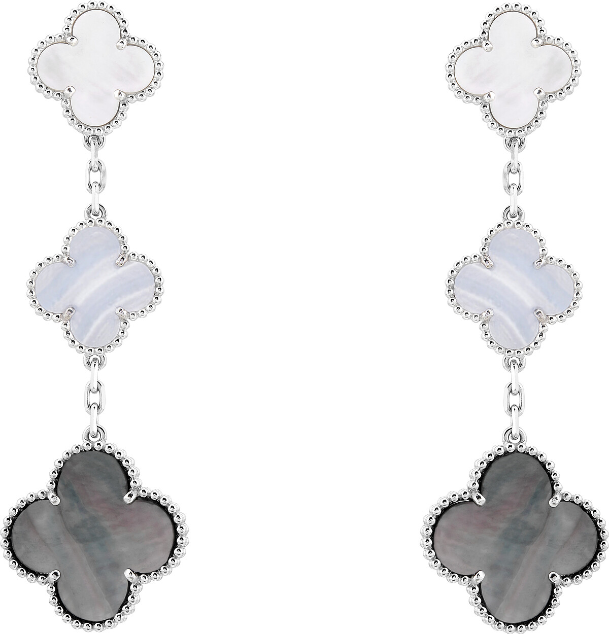 Magic Alhambra耳環,18K白金,珍珠母貝、藍玉髓、三枚吊墜