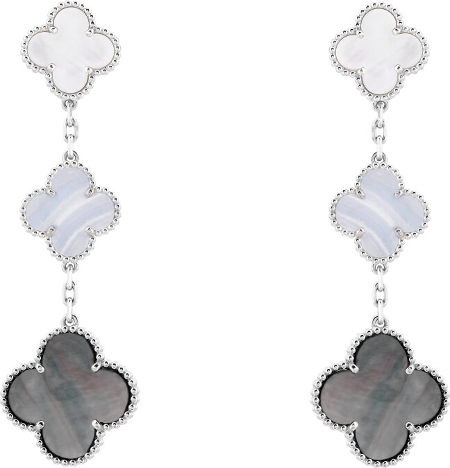 Magic Alhambra耳環,18K白金,珍珠母貝、藍玉髓、三枚吊墜