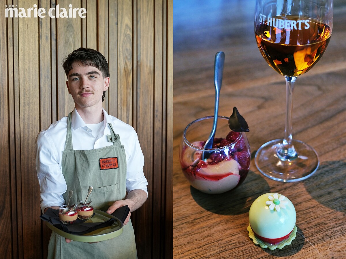 甜點為馬達加斯加巧克力慕斯與接骨木、覆盆子和榛果巧克力碎片，以及由開心果慕斯、覆盆子和西西里開心果製成的精巧點心達克瓦茲，搭配香氣濃郁的 Viognier 葡萄酒。