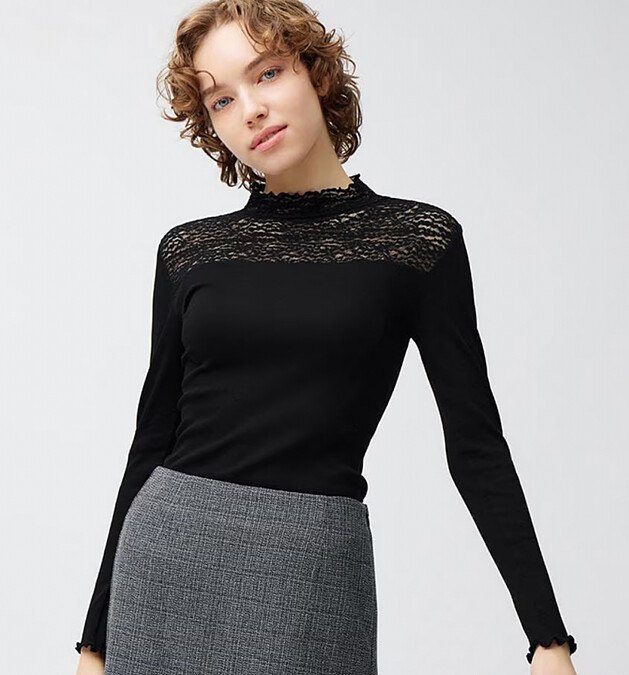 STYLE-HEAT羅紋蕾絲高領T恤 NT.390