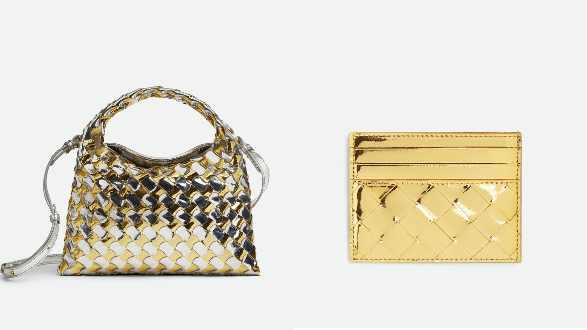 HOP 金銀雙色編織皮革手提斜背包 NT.98700、INTRECCIATO 金色編織皮革卡夾 NT.16400