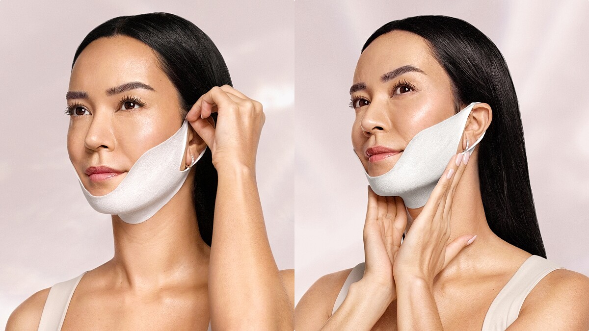 RéVive緊緻胜肽V臉膜使用示意圖。