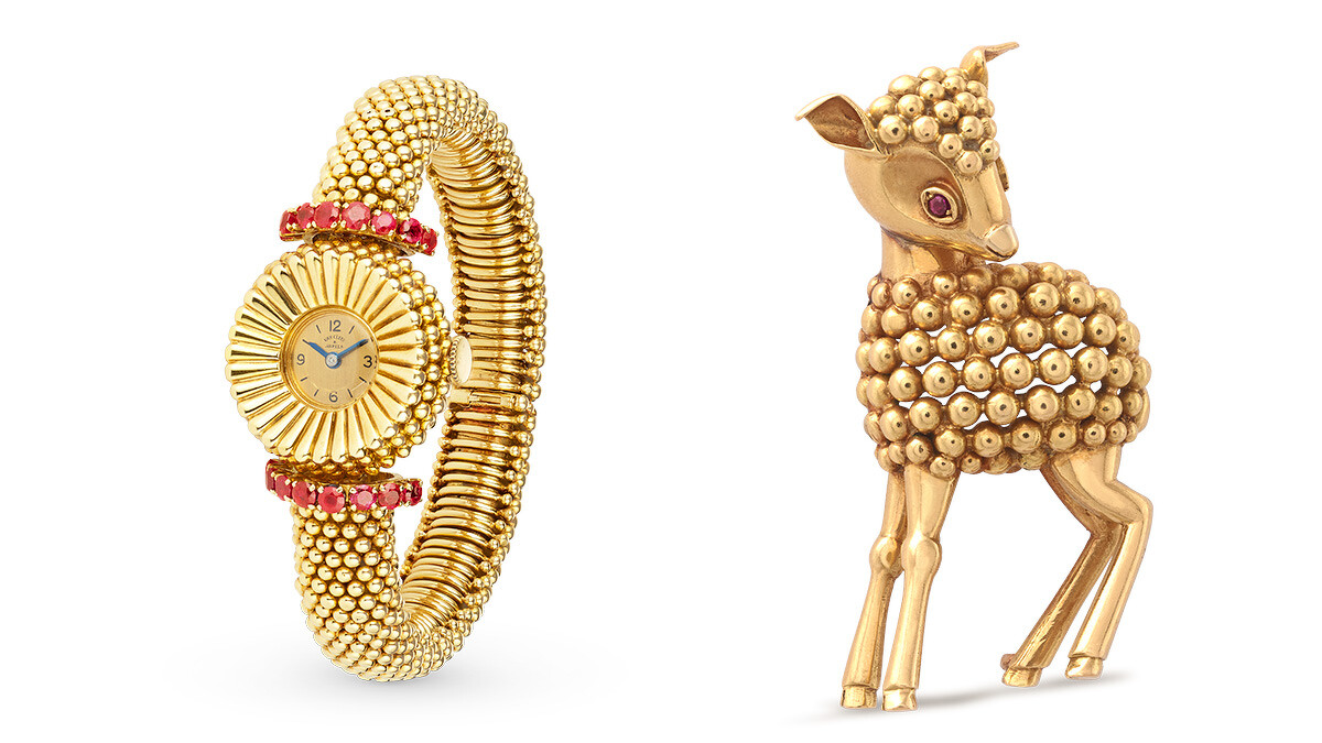 Couscous腕錶，1949年黃K金、紅寶石；Little doe胸針，1956年黃K金、紅寶石(Van Cleef & Arpels Collection)。