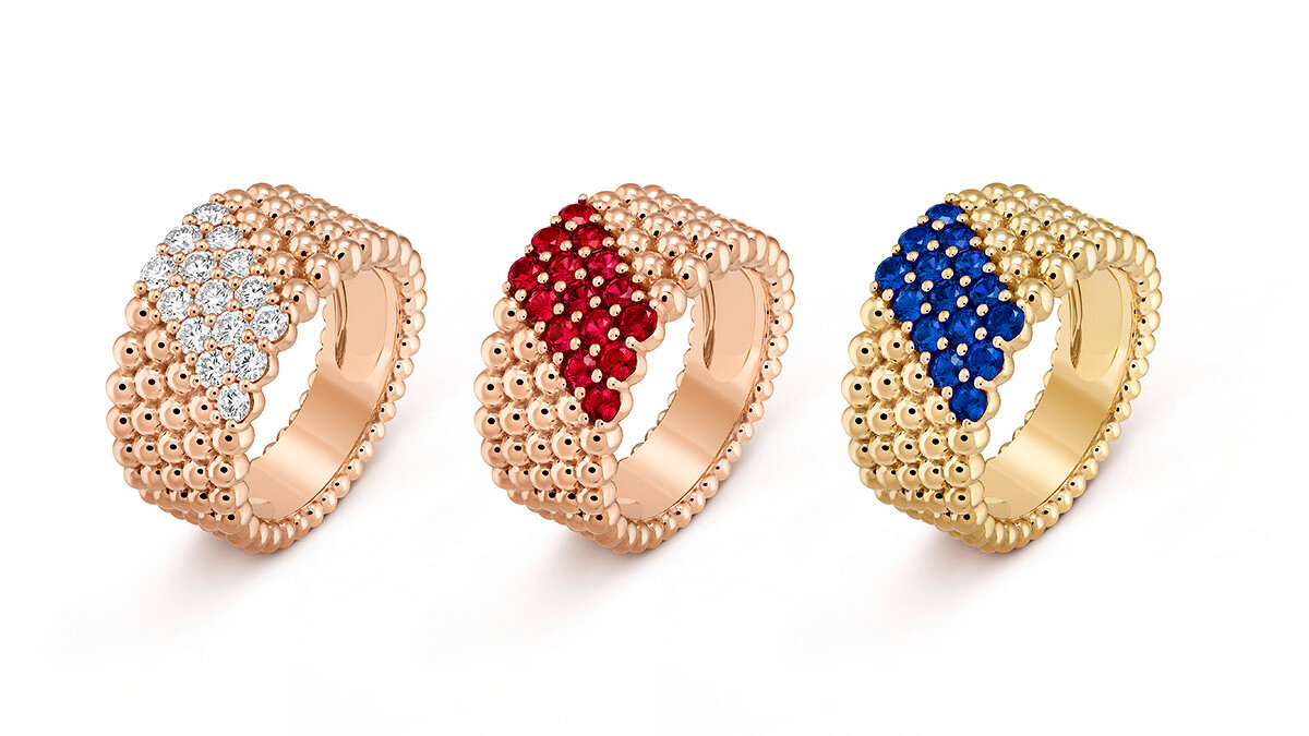 Perlee玫瑰金鑲嵌鑽石戒指、Perl&eacute;e couleurs 5排玫瑰金圓珠鑲嵌紅寶石設計戒指、Perl&eacute;e couleurs 5排黃K金圓珠鑲嵌藍寶石設計戒指。 