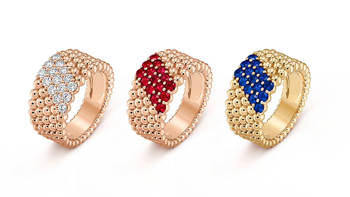 Perlee玫瑰金鑲嵌鑽石戒指、Perl&eacute;e couleurs 5排玫瑰金圓珠鑲嵌紅寶石設計戒指、Perl&eacute;e couleurs 5排黃K金圓珠鑲嵌藍寶石設計戒指。 