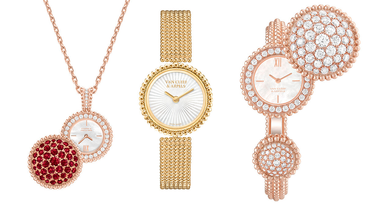 Perl&eacute;e secret吊墜錶玫瑰金、紅寶石、白色珍珠母貝、鑽石、瑞士製石英機芯；Perlee 腕錶，黃K金，珍珠母貝錶盤，石英機芯；Perlee Toi & Moi腕錶，玫瑰金，鑽石，珍珠母貝錶盤，石英機芯。