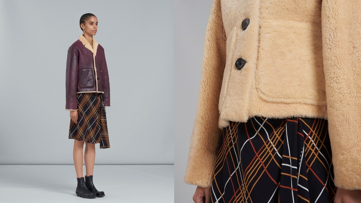 REVERSIBLE BURGUNDY SHEARLING JACKET，售價請店洽。