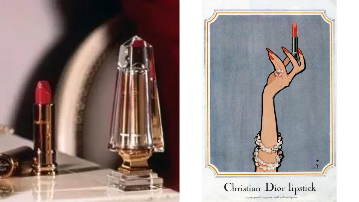 (左)1953年推出的Dior迪奧藍星唇膏、(右)Dior藍星唇膏推出時的插畫廣告。